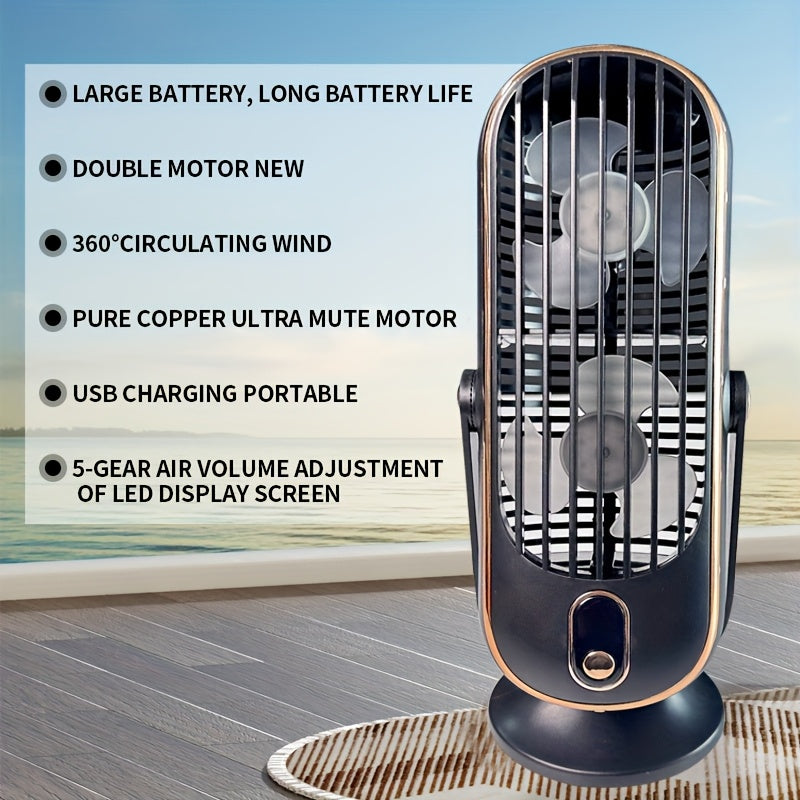 Travel-friendly Desktop Fan with LED Display - Five-Speed USB Rechargeable Cooling Fan for Home, Office, Bedroom, and On-the-Go Use