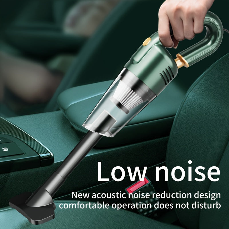 Powerful 12V car vacuum with extended cable, accessories, and strong suction - quiet and efficient.