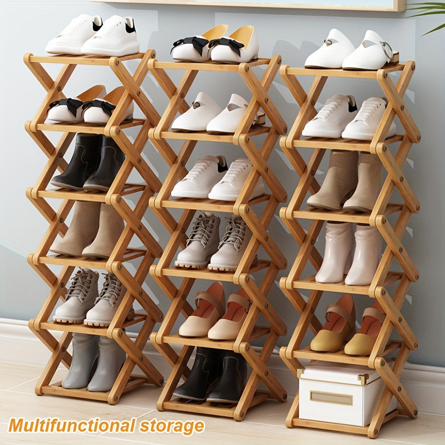 Bamboo Shoe Rack with Cross Design, Multi-layer Storage for Indoor Spaces such as Bedrooms, Dormitories, and Houses. Ideal for entryways to save space with its compact size.