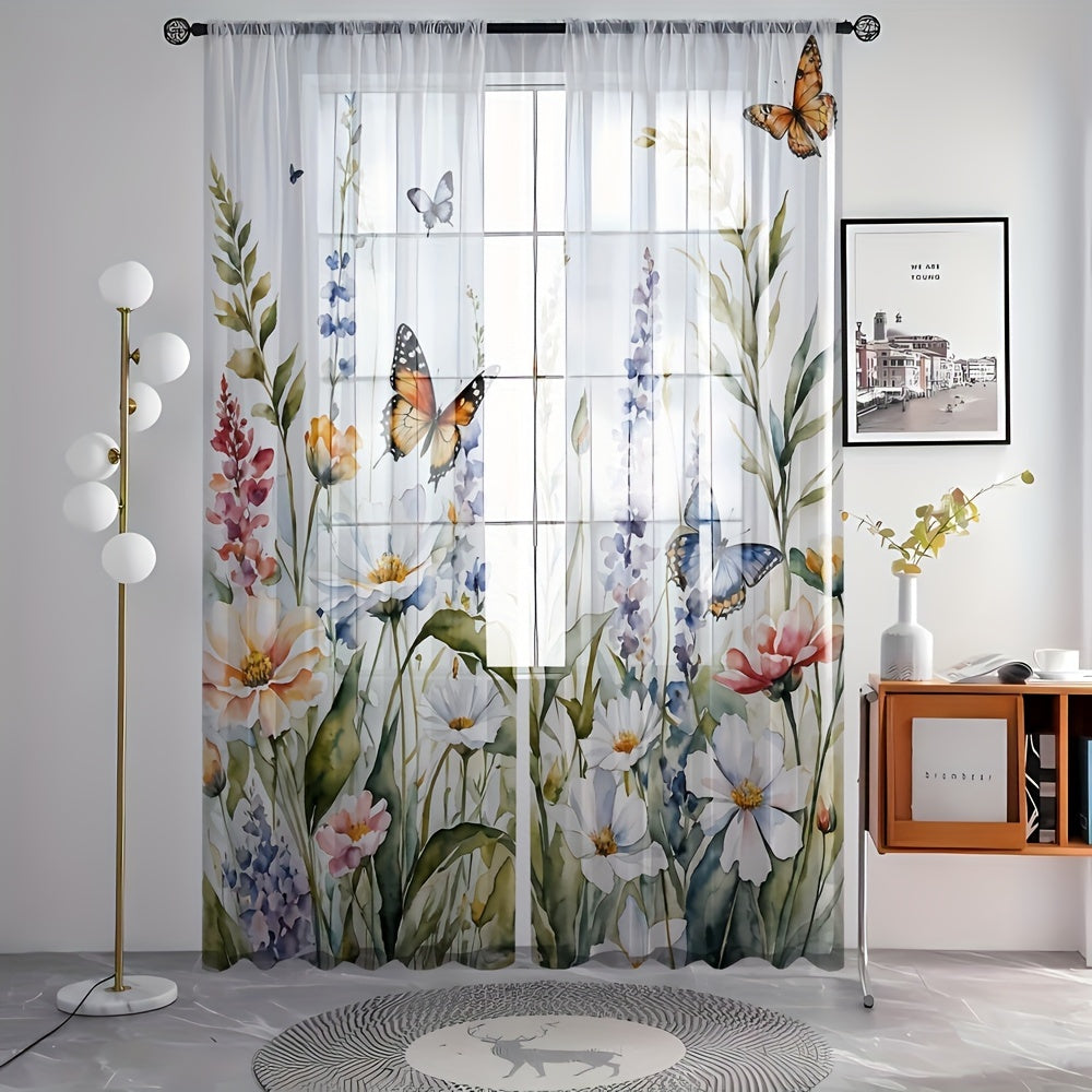 Get two stunning Vibrant Floral & Butterfly Print Sheer Curtains for your living room or bedroom. Made from high-quality polyester, these curtains are easy to hang with a rod pocket design. Their semi-transparent finish adds a touch of elegance to your