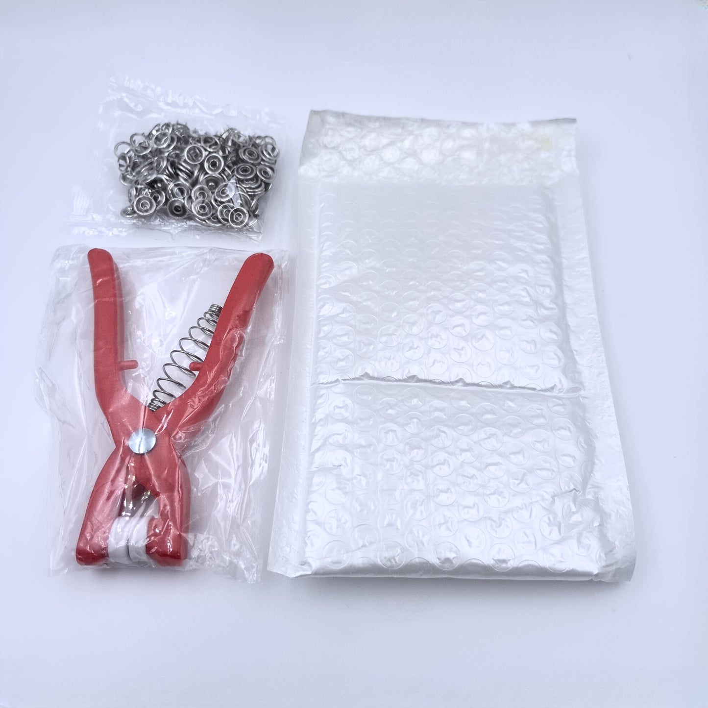 1 set of 200 button accessories with plastic hand pliers for fast clothing and quilt production.