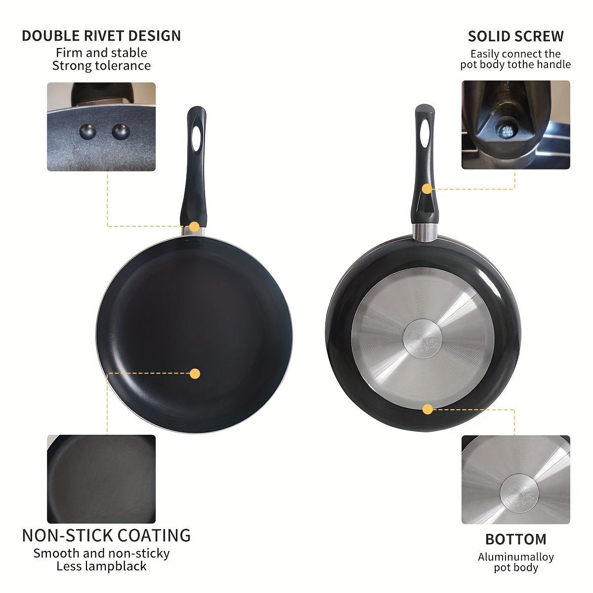 Get the perfect 10.8-inch black aluminum non-stick frying pan for your low-fat cooking needs! This pan is ideal for cooking eggs and steak with its easy grip handle, lightweight design, and scratch-resistant coating. It is compatible with gas, electric