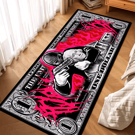 Polyester Area Rug with Gangster Dollar Design - Non-Slip, Thick Crystal Velvet Runner for Living Room, Bedroom, and Indoor Spaces - Trendy Long Floor Mat Hand Washable with Anti-Skid Backing