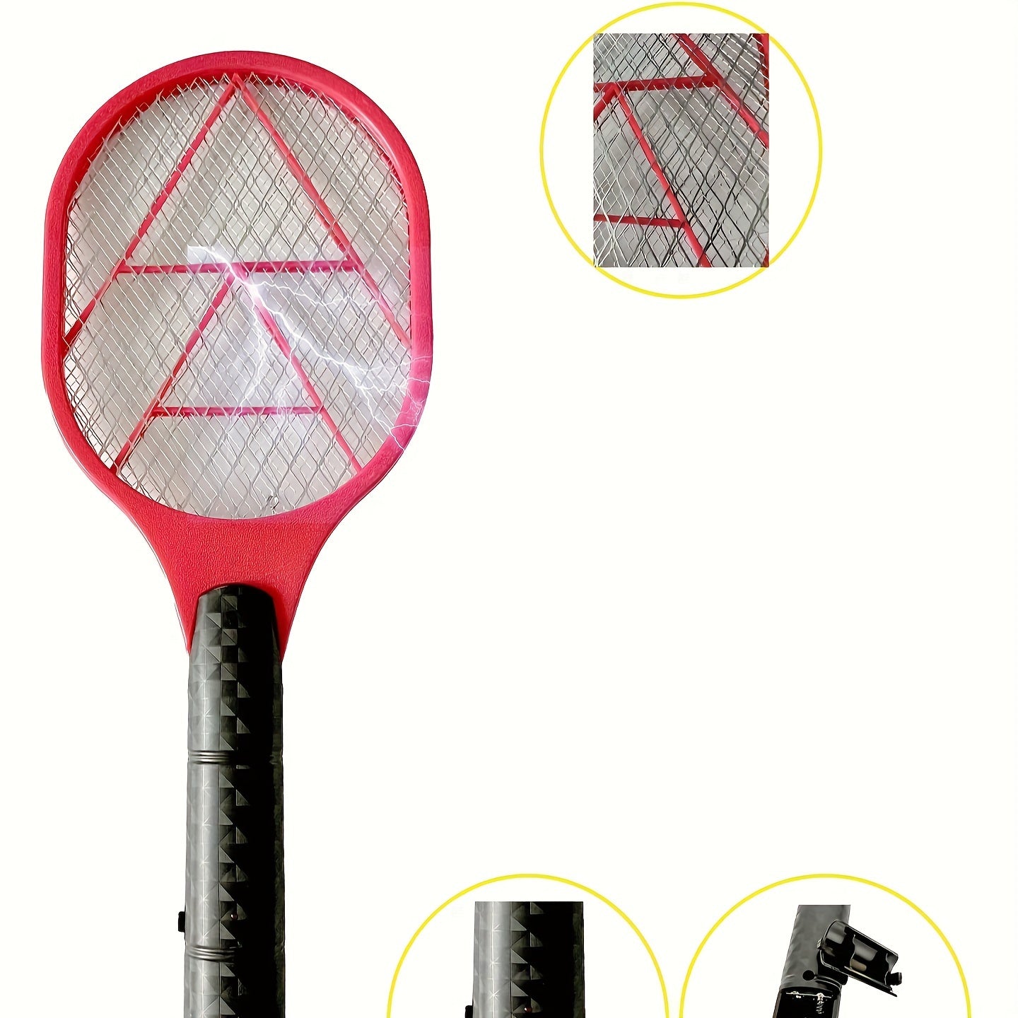 Electric fly and mosquito swatter that operates on batteries (AA batteries not included), made of durable plastic/aluminum/tin.