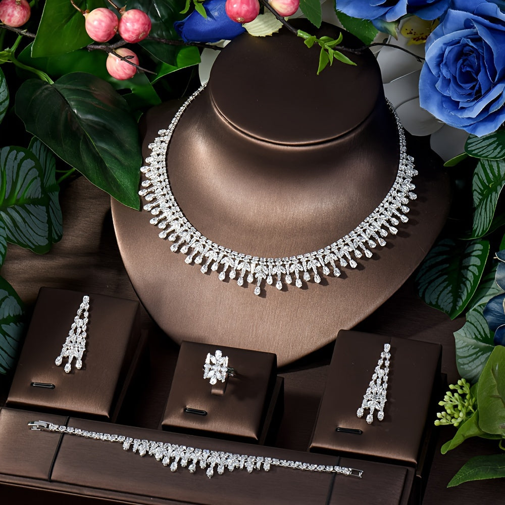 A stunning bridal jewelry set featuring platinum-plated zirconia copper, with an elegant glitter style necklace, earrings, and bracelet perfect for weddings and parties.