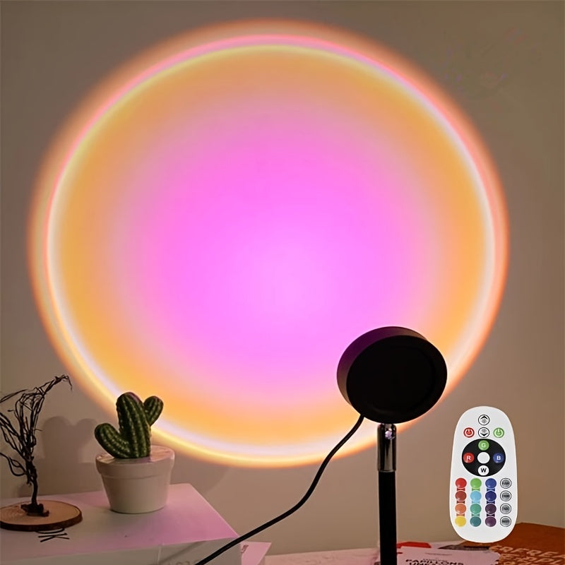 USB-powered sunset projection lamp with 16 color options, eye-safe night light and floor lamp. Features remote control, 360° rotating ambient lighting. Ideal for bedroom, parties, weddings.