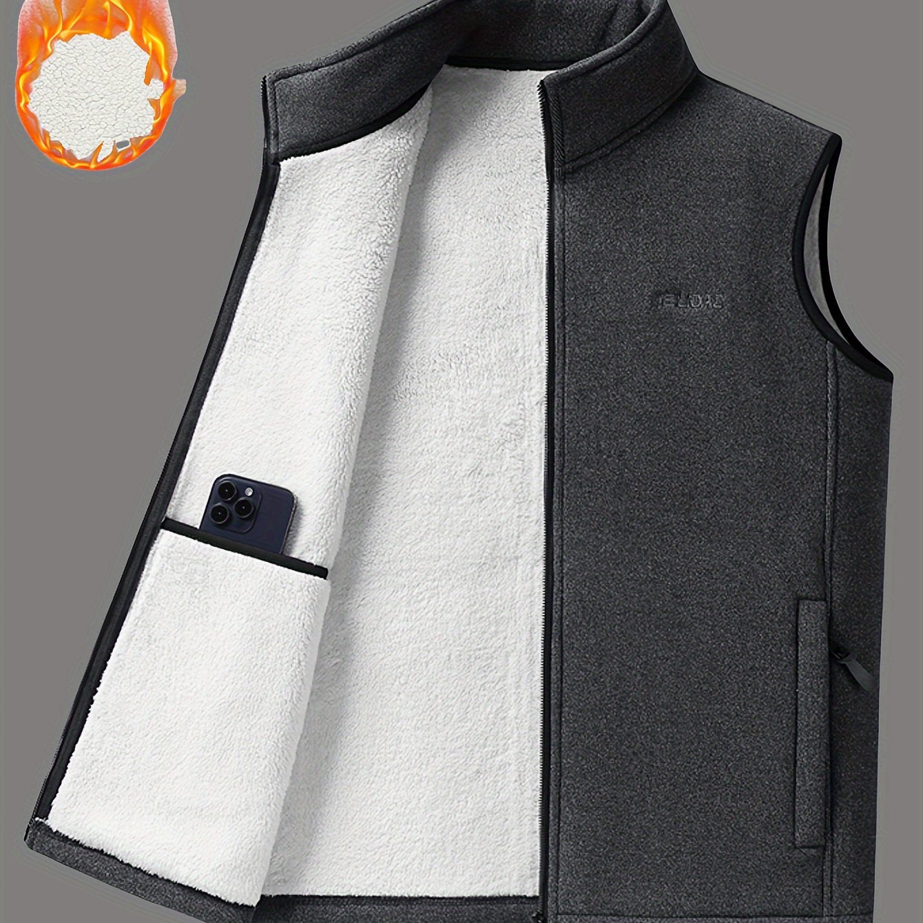 Men's cozy fleece-lined vest with stand collar, zipper pockets, and button closure for fall/winter warmth.