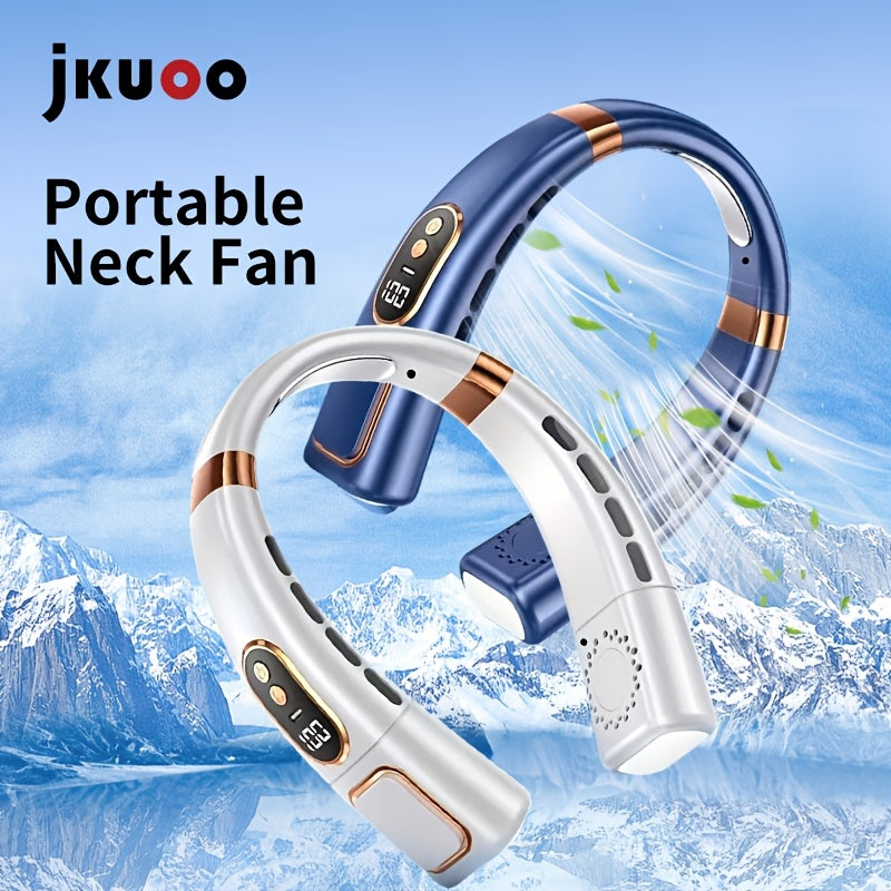 Portable Neck Fan with LED Display - 5-Speed, USB Rechargeable, High-Speed Wearable Fan for Outdoor Activities, Office, and Night Cycling, featuring a Polished Plastic Finish, Button Control, suitable for Indoor & Outdoor Use