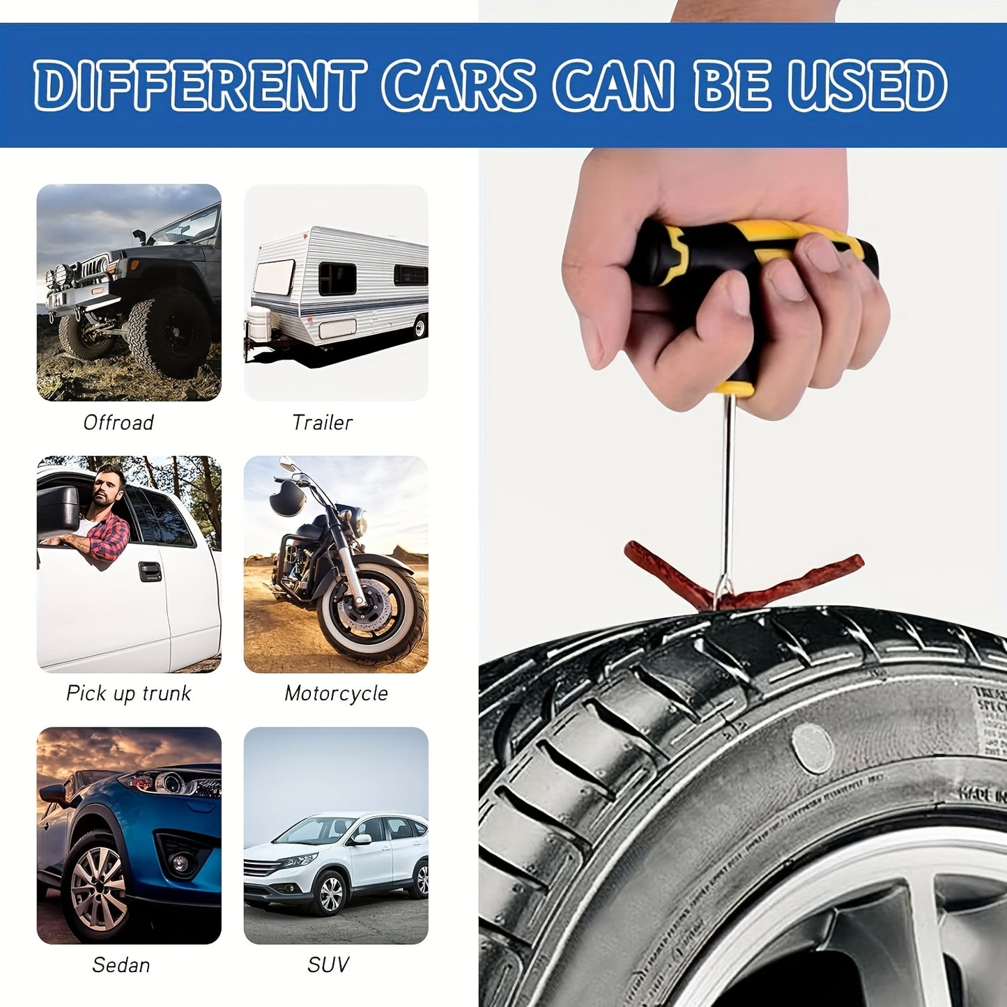 Tire repair kit for cars and motorcycles with easy puncture fix and durable metal tools.