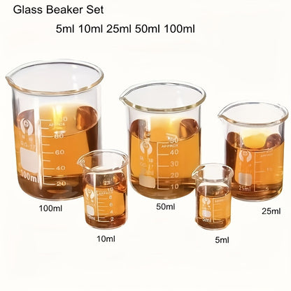 Set of 5 high-quality borosilicate glass beakers with V-shaped spout design, ideal for educational and research purposes. Sizes range from 0.17oz to 3.38oz, suitable for students and