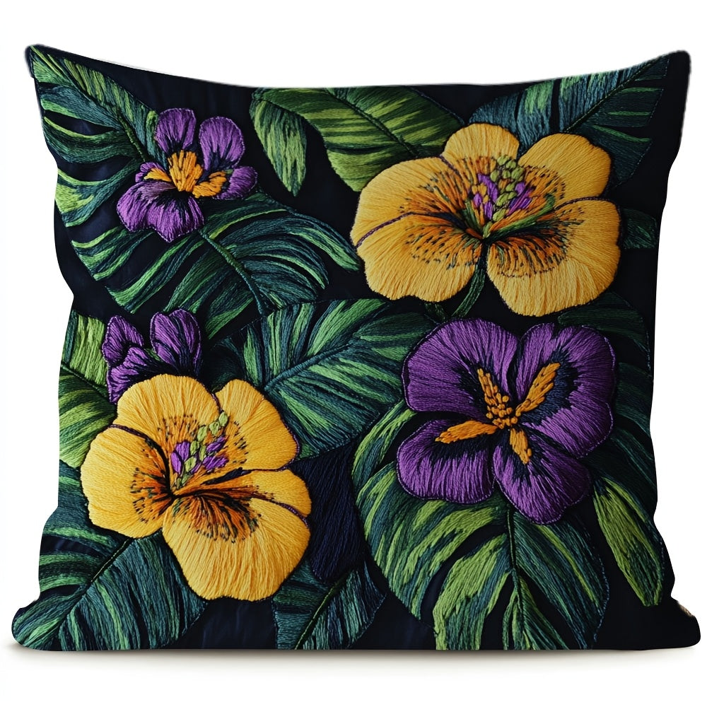 Square Pillow Cover with Tropical Floral Embroidery, Made of 100% Polyester, Double-Sided Design with Zipper Closure, Easy to Clean in Washing Machine, Ideal for Home or Office Farmhouse Style Decoration