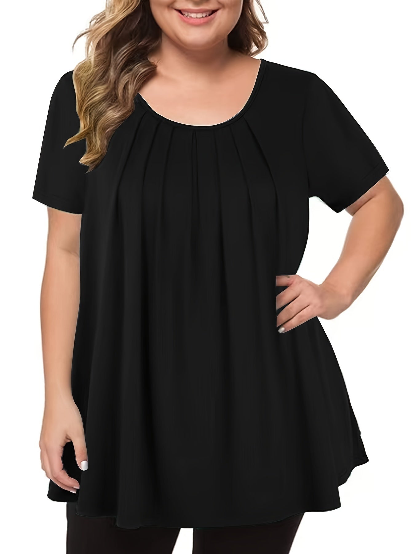 Loose-fitting round neck top for plus-size women.