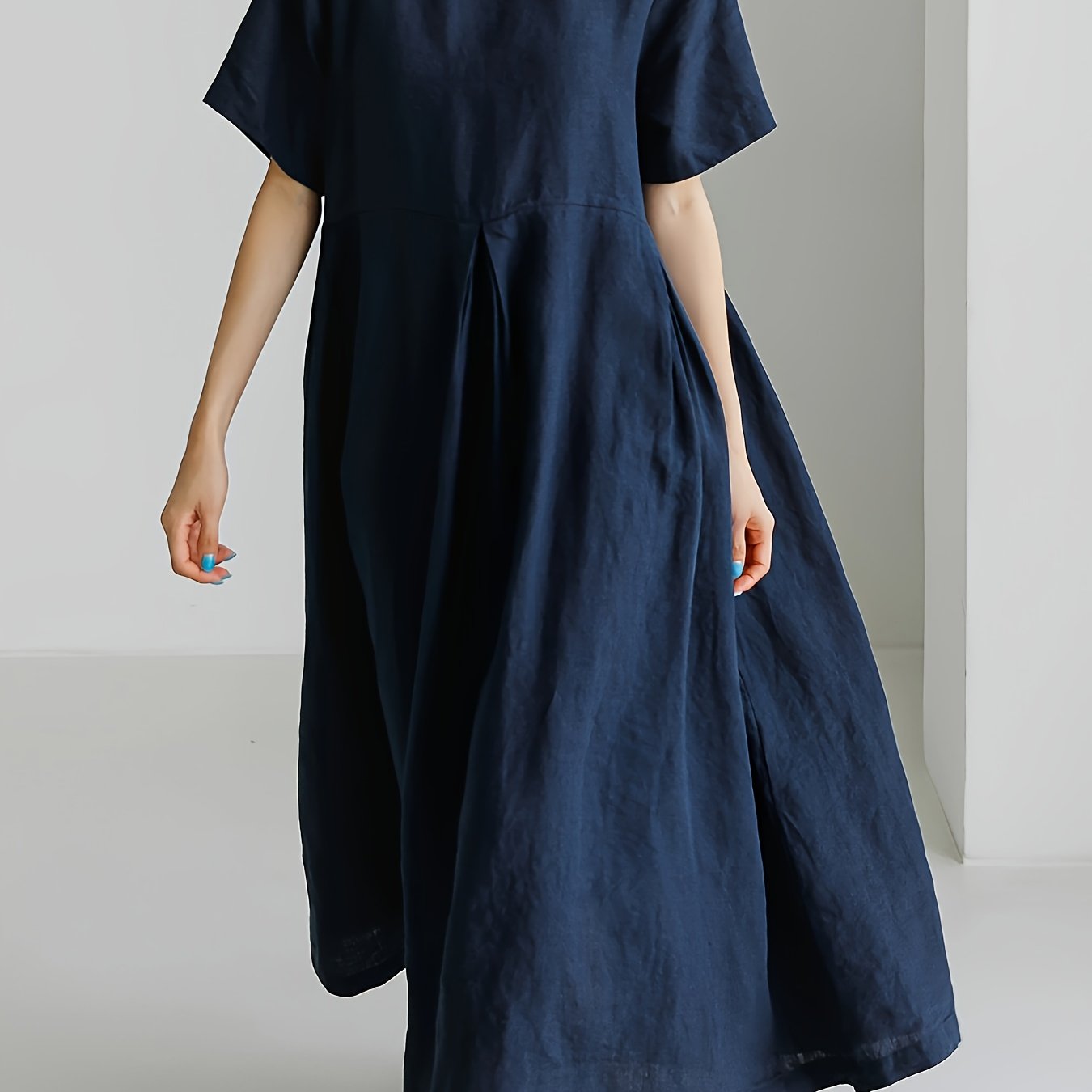 Women's Linen Blend Midi Dress with Oversized Flowy Skirt, Round Neck, Short Sleeves. Machine Washable, Suitable for Beach Outings and Vacations.