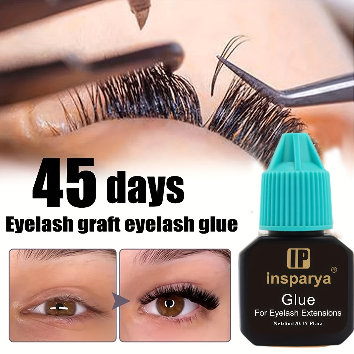 INSPARAya Waterproof Eyelash Glue, 5ml - Long-lasting, sweatproof formula for up to 45 days. Gentle on skin, ideal for individual clusters & DIY lashes. Hypoallergenic & plastic-compatible