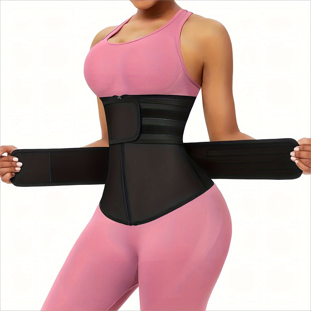 Neoprene and polyester sports waist trainer with zipper closure, thermal activity, medium control level, machine washable, sweat-wicking.