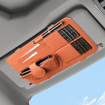 Car sun visor organizer with holders for glasses, cards, and pen.