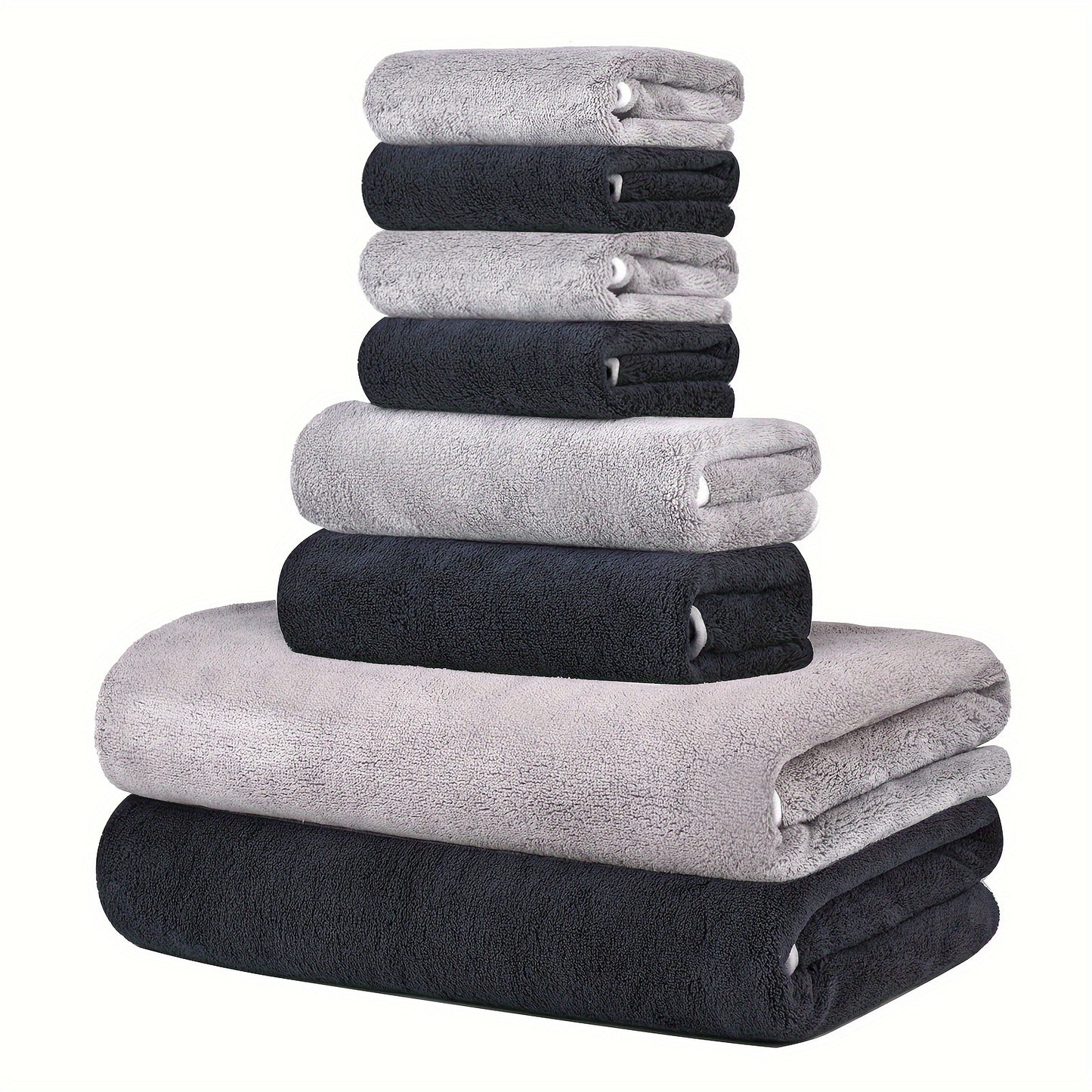 Super soft microfiber bath towel set includes 8 pieces: 2 bath towels (68.58 x 139.7 cm), 2 hand towels (34.8 x 76.2 cm), and 4 square towels (34.8 x 34.8 cm). Quick drying, highly absorbent, and lightweight.