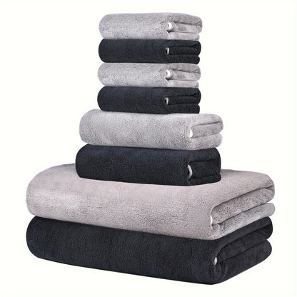 Super soft microfiber bath towel set includes 8 pieces: 2 bath towels (68.58 x 139.7 cm), 2 hand towels (34.8 x 76.2 cm), and 4 square towels (34.8 x 34.8 cm). Quick drying, highly absorbent, and lightweight.