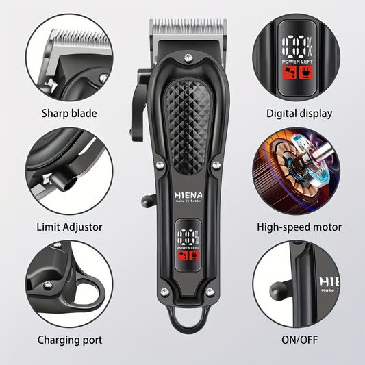 HIENA Men's Grooming Kit with LCD Display - Rechargeable hair clipper, beard trimmer, and nose hair set. USB charging, 1500mAh battery, includes combs. Ideal Father's Day gift.