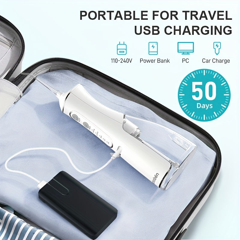 Cordless water flosser with 4 cleaning modes, USB rechargeable, 1500mAh battery, travel-friendly.