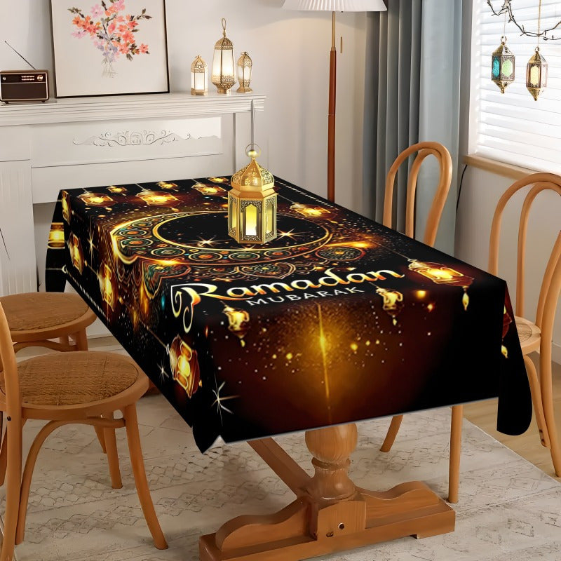 Elegant Ramadan Mubarak tablecloth with ethnic moon print, ideal for Eid celebrations, picnics, and home decor.