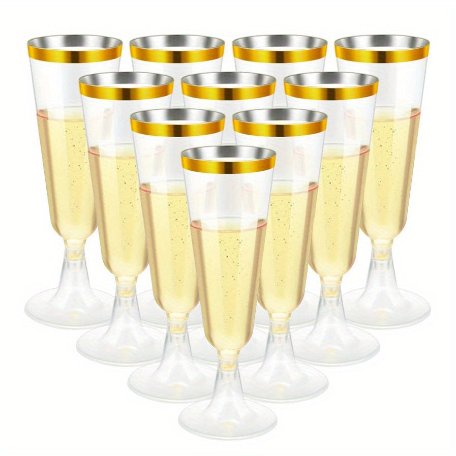 25 pieces of elegant champagne flutes with golden rims made of clear disposable plastic, perfect for weddings, parties, and celebrations. These recyclable glasses are ideal for toasting and cocktails. Impress your guests with these crystal look champagne