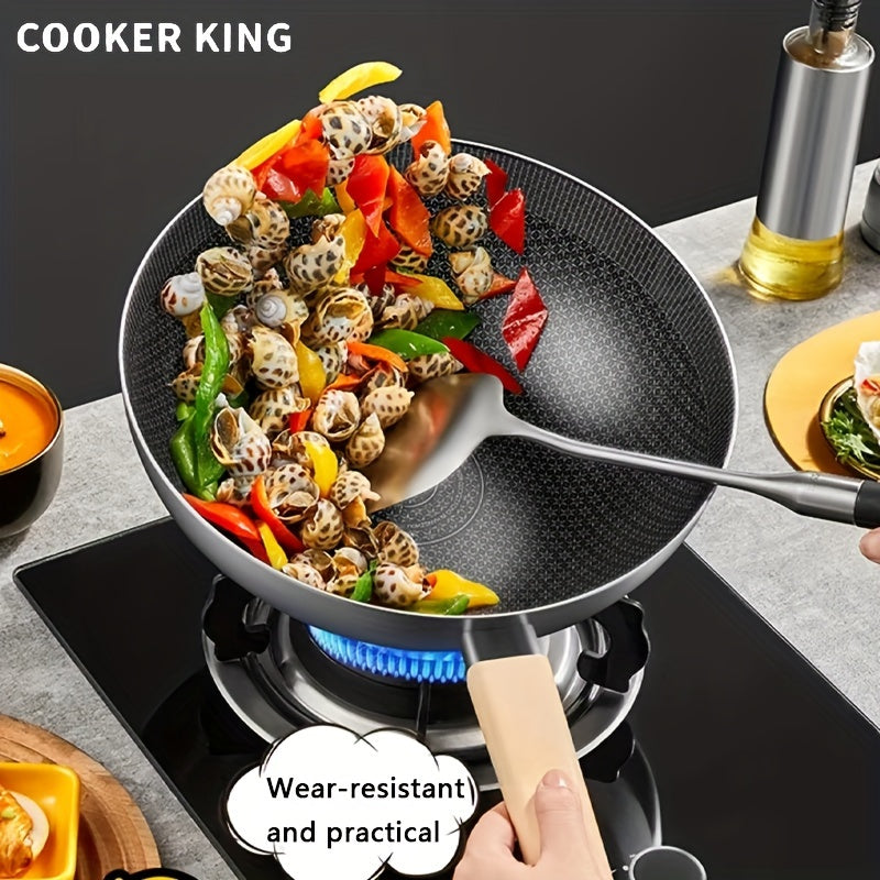 The COOKING KING Non-Stick Stainless Steel Wok Pan with Lid is PFOA Free and safe to use in the dishwasher and oven. It is also compatible with induction cooktops, making it a perfect choice for home kitchens.