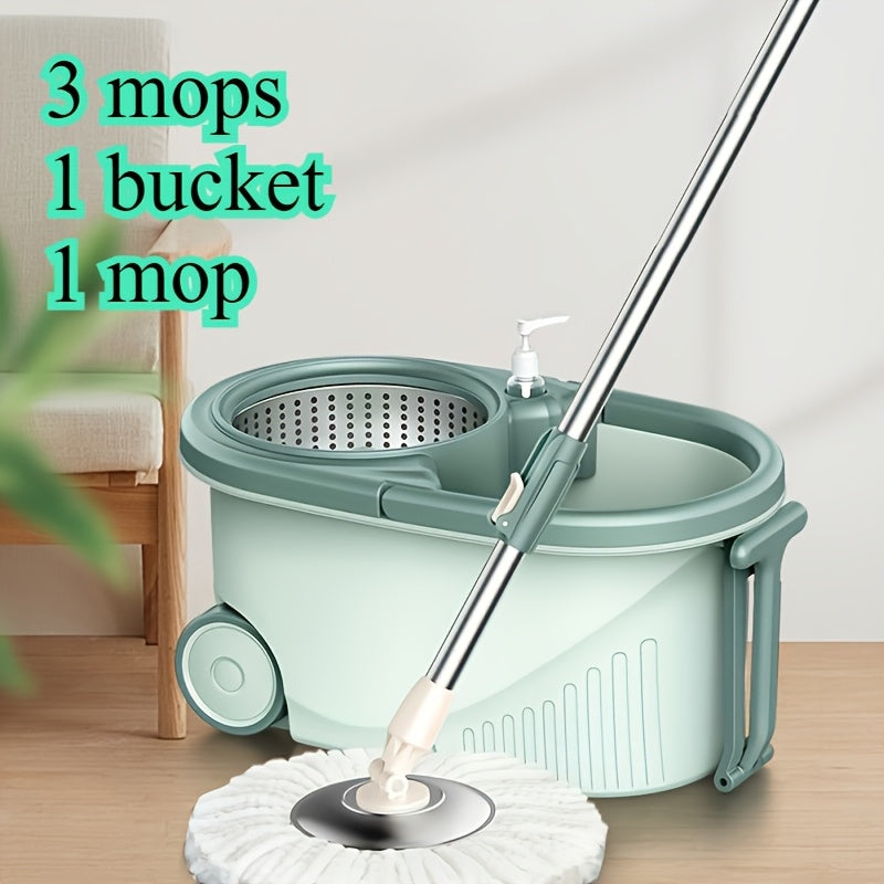 Spin Mop and Bucket Set includes 3 pieces, featuring a 360° rotating mop system with an ultrafine fiber mop head and adjustable stainless steel handle. Perfect for cleaning living rooms, bedrooms, and bathroom floors.