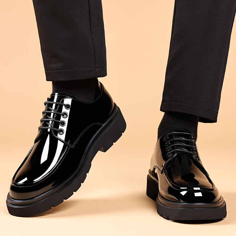 Sleek black dress shoes for men with non-slip rubber sole, breathable comfort, perfect for business and casual wear. Lace-up style.