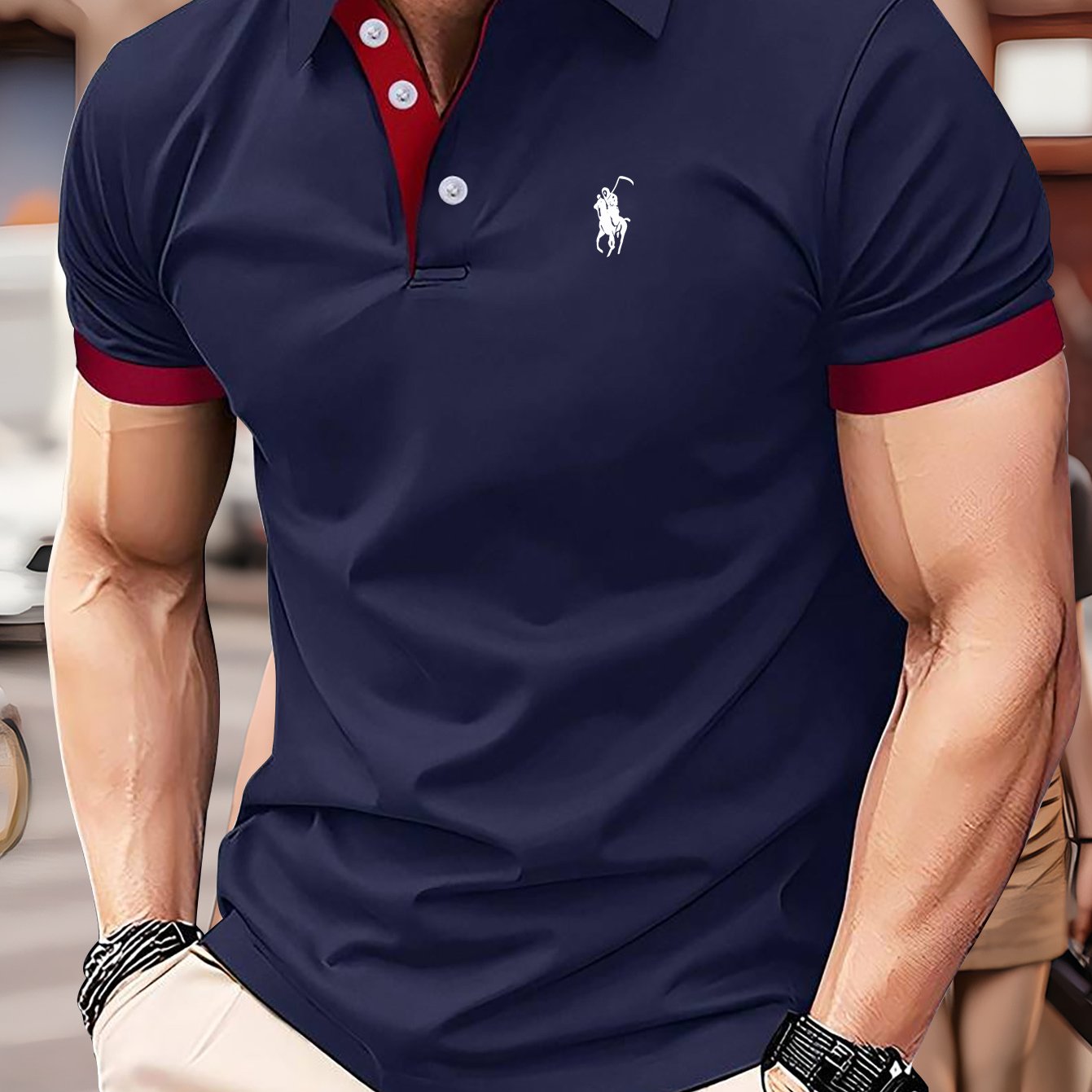 Polo graphic print men's golf shirt with lapel collar, short sleeve, slight stretch, ultra-comfortable and breathable for summer outdoor activities.