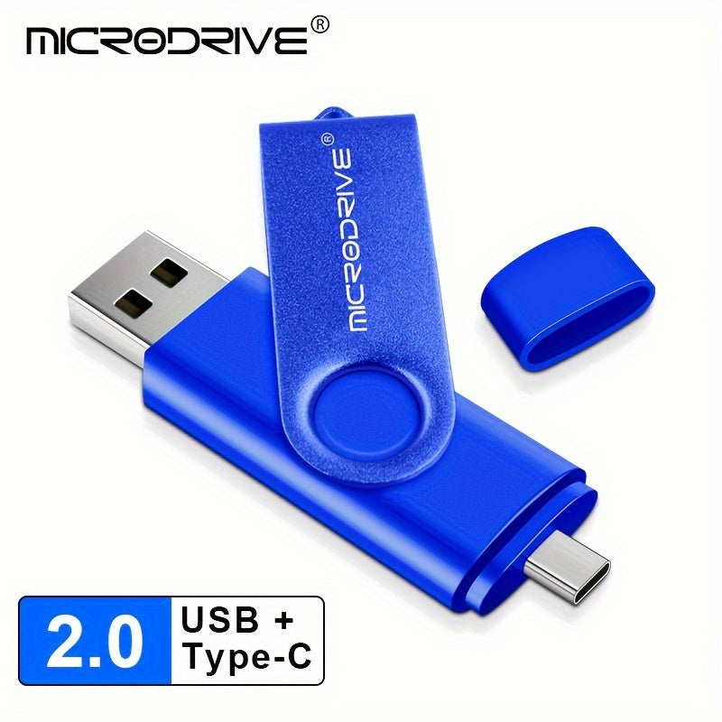 MiCRODRIVE USB 2.0 Pen Drive in 4GB, 8GB, 16GB, 32GB, 64GB, and 128GB capacities, with a 360 rotating metal design and Type-C compatibility for Android devices. Available in black, blue