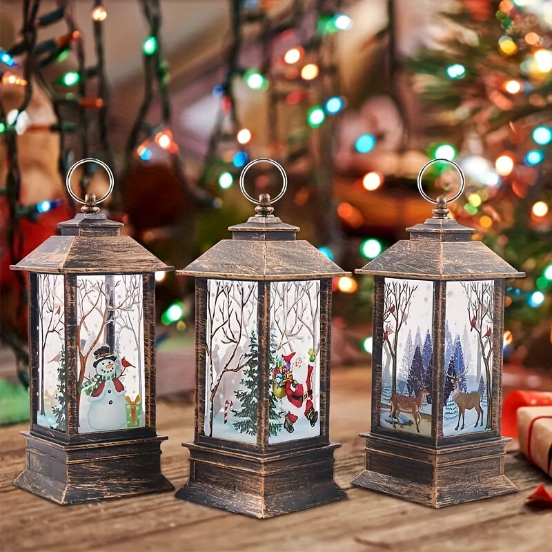 Retro Christmas lantern with Santa, elk, and snowman patterns, perfect for tabletop décor or gifting.