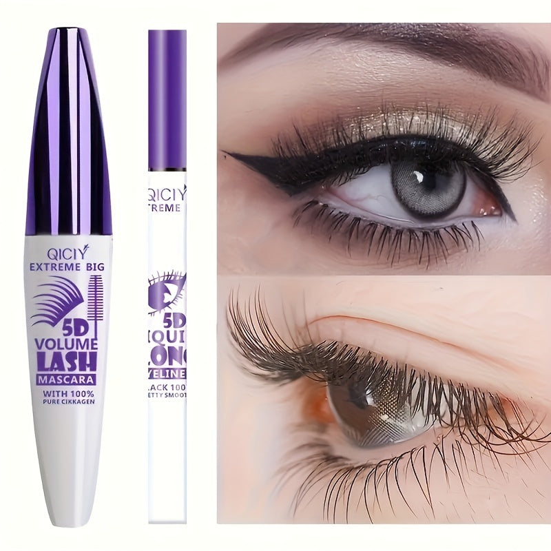 Waterproof 5D Volumizing Mascara & Eyeliner Set with Silicone Brush - Long-lasting makeup for all skin types, quick dry.