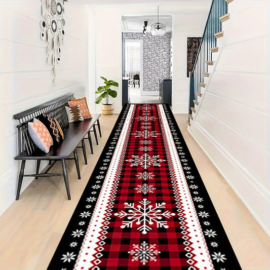 Christmas Snowflake Runner Rug in Festive Design, Non-Slip Polyester Tapestry, Machine Washable, Perfect Holiday Decor for Entryway, Living Room, Bedroom, Outdoor Patio, Garden - Features Black and Red Grid Design