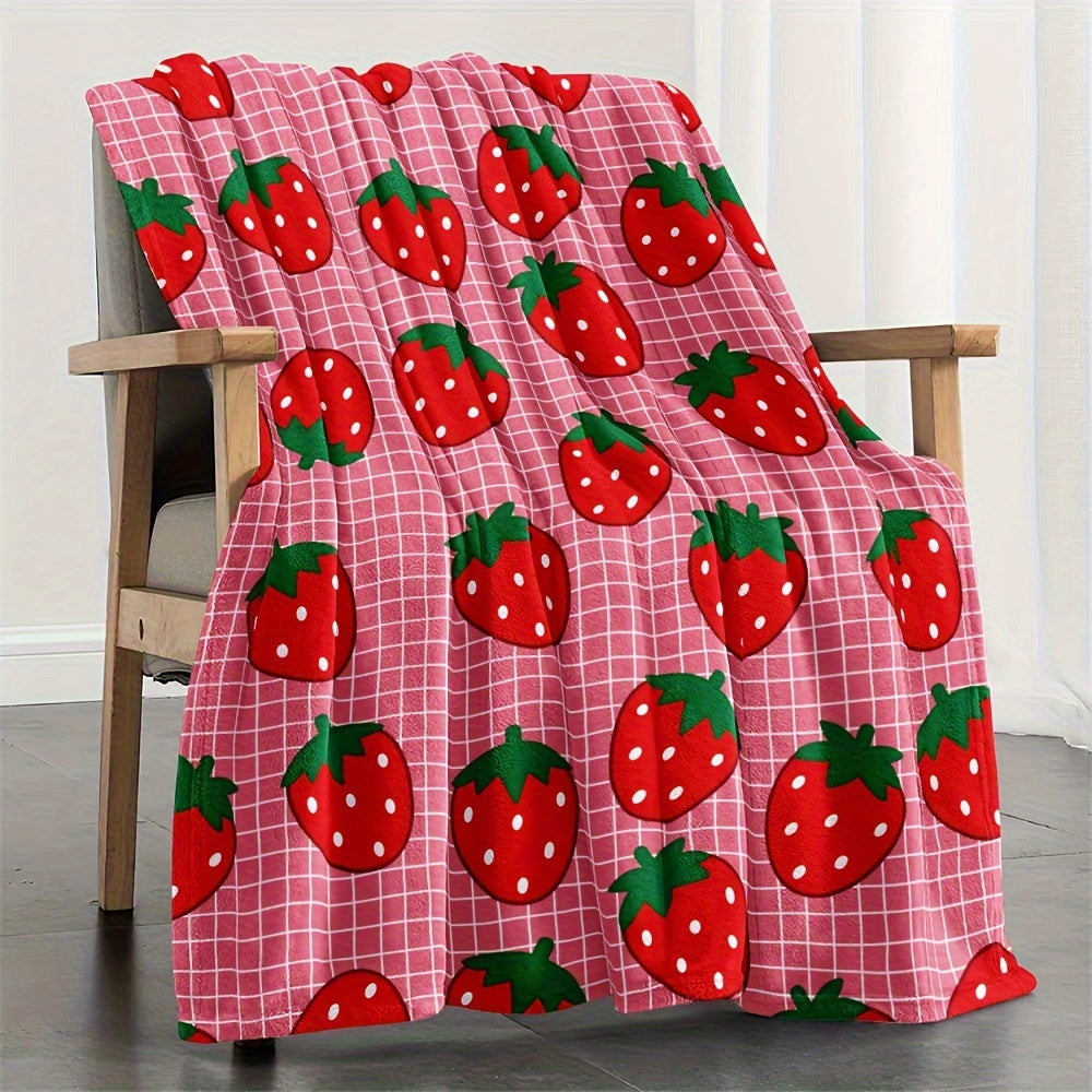 Glam Style Strawberry Pattern Throw Blanket, Microfiber Flannel All-Season Fruit Theme, Woven Digital Print, Ideal for Wedding, Housewarming, Birthday Gift - 1 Piece