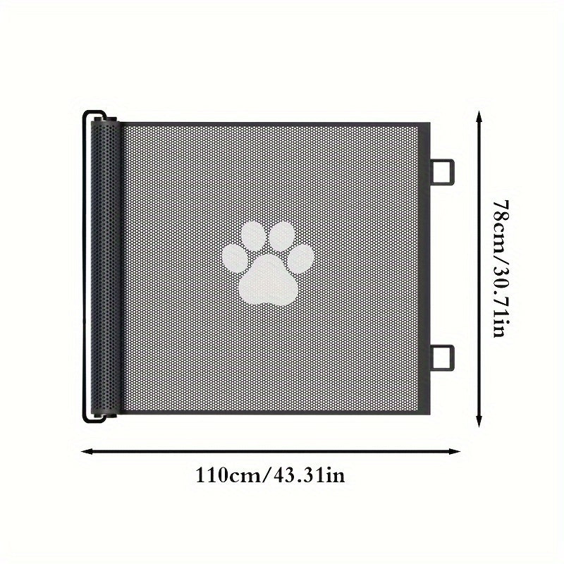 Sturdy retractable dog gate with five adhesive hooks for easy assembly and pet safety at home.