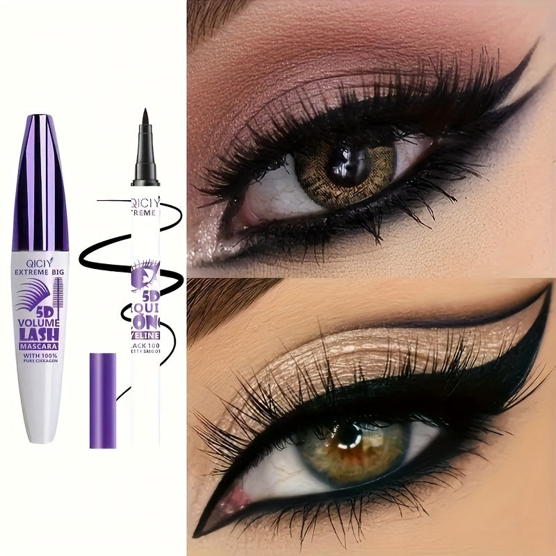 Waterproof 5D Volumizing Mascara & Eyeliner Set with Silicone Brush - Long-lasting makeup for all skin types, quick dry.