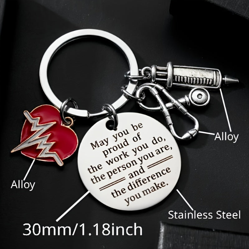 Set of 12 Nurse Appreciation Keychains made of stainless steel featuring ECG heartbeat, syringe, and stethoscope charms. These round medical themed key rings are perfect for nurses, doctors, and medical students as a Nurse's Day gift. Each keychain comes