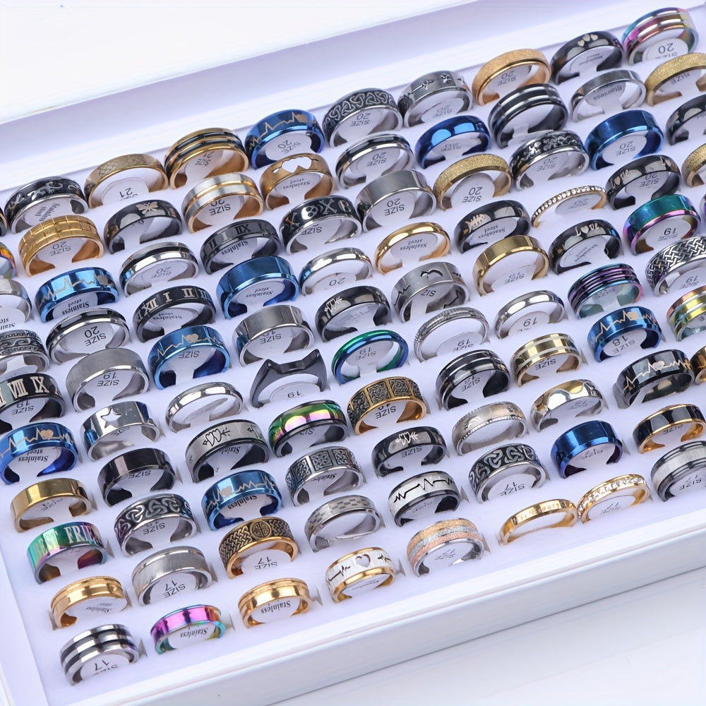 A lot of 100 Classic Simple Stainless Steel Rings for Women in Assorted Styles, Perfect for Jewelry Parties and Gifting