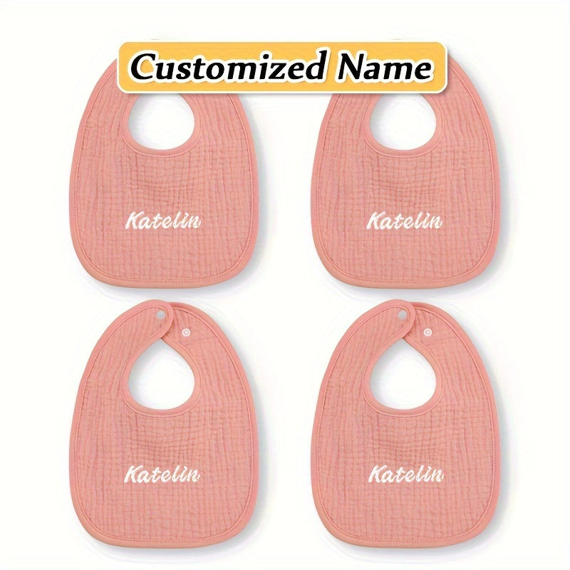 Set of four custom bibs with personalized names - made of soft, breathable, and highly absorbent material with adjustable snap closure. Perfect for newborns and makes a great gift for Christmas, New Year, or Halloween.