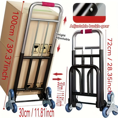 Durable folding hand truck with wheels designed for climbing stairs, easy to lift and carry, ideal for moving and shopping.