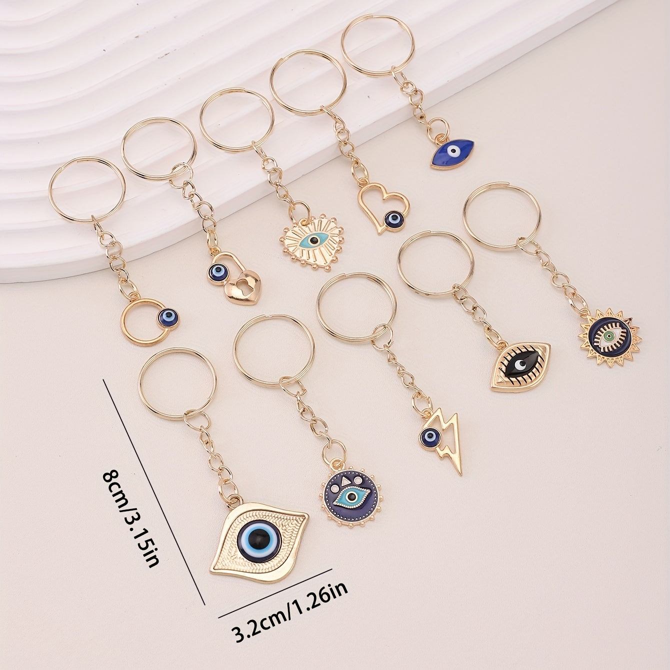 A set of 10 Evil Eye keychain amulets for good luck, perfect for attaching to your keys, purse, bag, backpack, or car keys. These charms also make great party favors or accessories for making jewelry gifts.