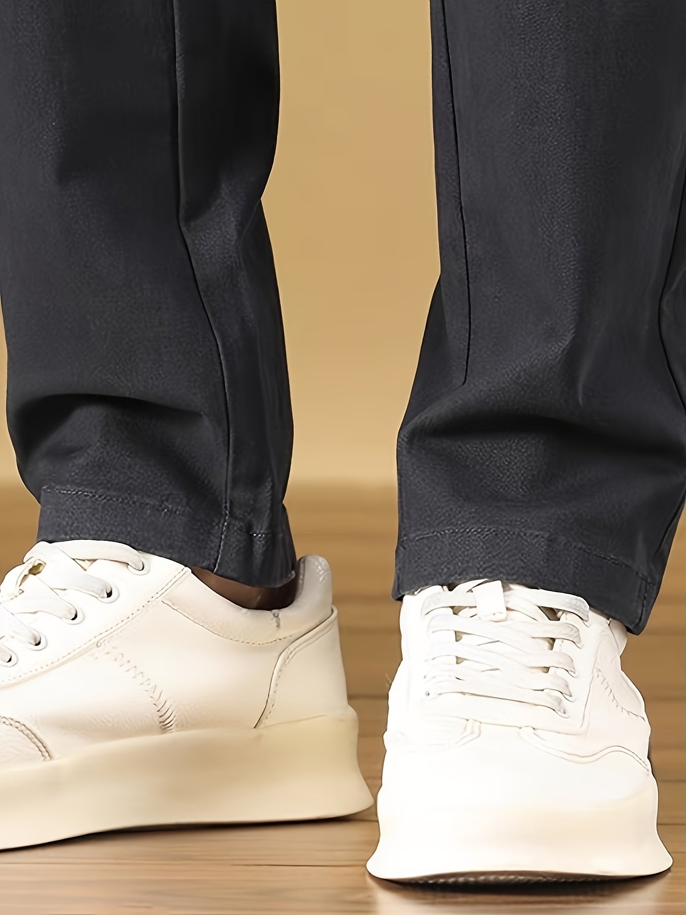 Men's premium cotton straight-leg business casual pants with a thick, classic design featuring button closure, elastic waistband & cuffs, and a slim fit for all-day comfort.