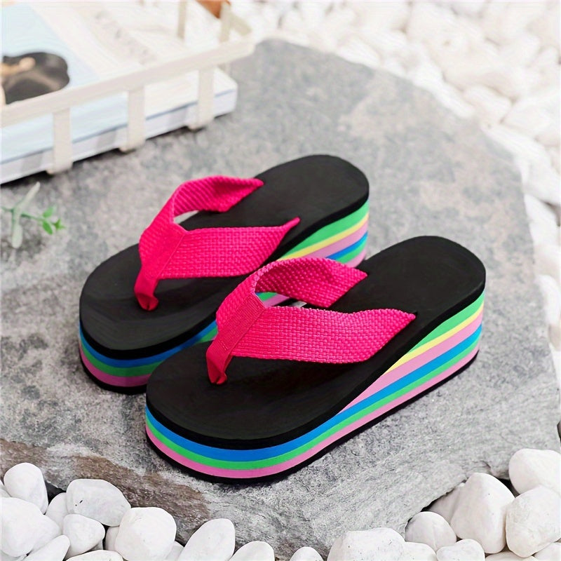 Women's Rainbow Sole Wedge Flip Flops, Slip On Platform Slide Shoes for Casual Lightweight Summer Beach wear.