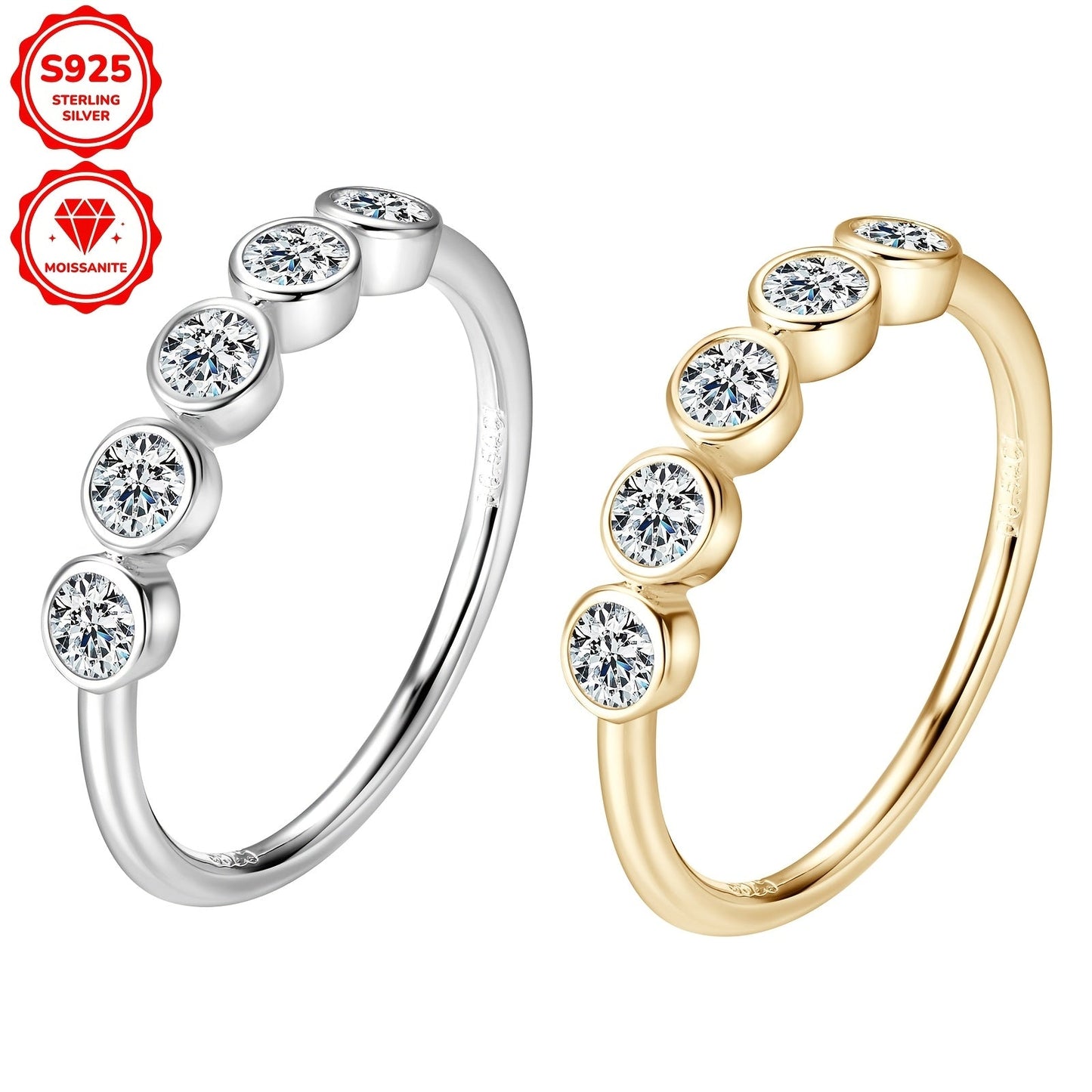 This women's engagement ring is made of 925 silver and boasts a dazzling five-stone Moissanite design, showcasing a 3mm round Moissanite stone at its center. The ring weighs 1.95 grams and is adorned with five additional 3mm Moissanite stones, totaling