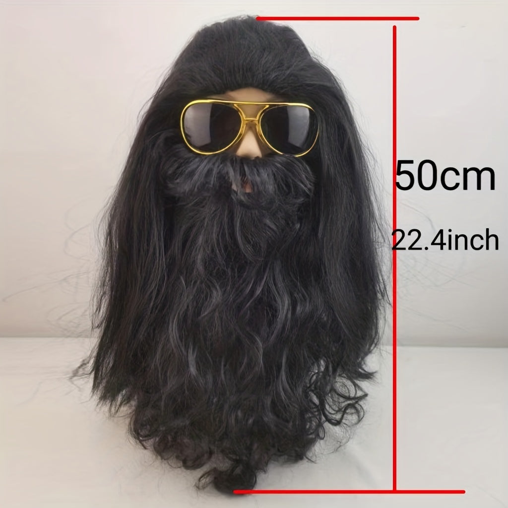 Set of 3: Men's Long Black Wig and Beard with Glasses for Halloween Caveman Costume