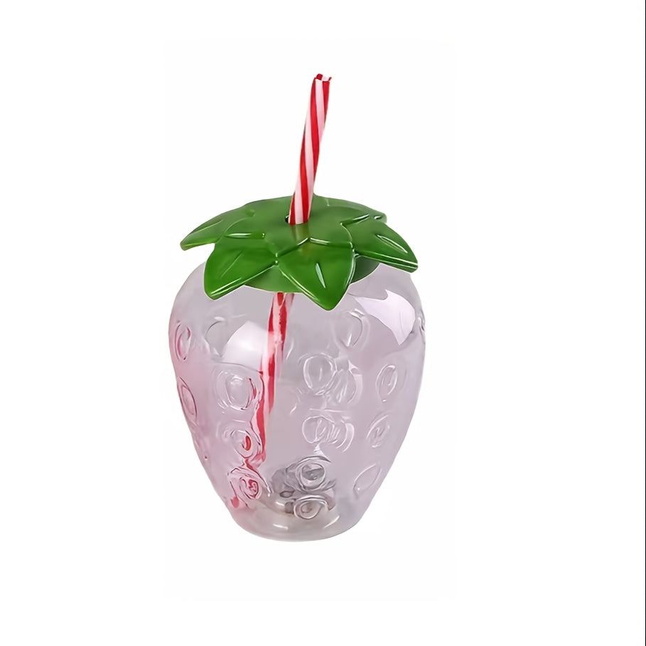 Cute transparent strawberry tumbler with lid and straw, perfect for milk tea or fruit drinks. Great for parties and on-the-go.