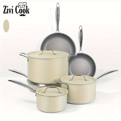 Zivi Cook 10-Piece Stainless Steel Cookware Set, Non-Stick Pots and Pans Ideal for Gas and Induction Stovetops, Long-Lasting Kitchen Cookware Collection