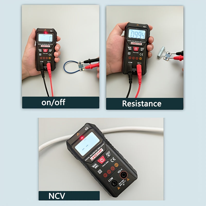 4000V digital multimeter with automatic/manual modes for AC/DC voltage and resistance testing. Made of plastic, battery powered (batteries not included). High precision of 0.1, suitable for