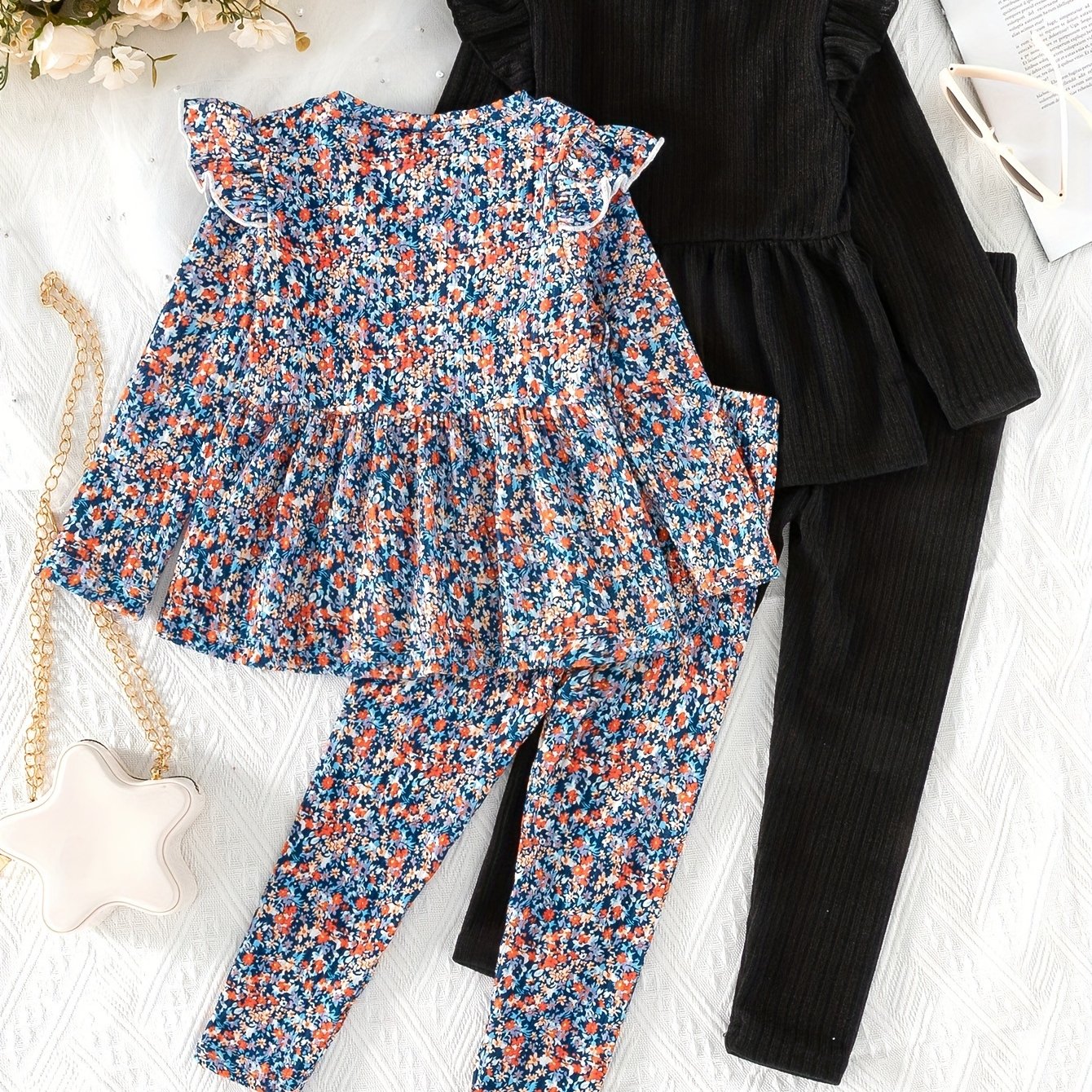 (Floral + Solid) 2 Sets Girls Long Sleeve Peplum Tee + Casual Pants Co-ords Set - Cute Spring/Fall Outdoor Clothes Gift